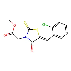 methyl 2-[(5Z)-5-[(2-chlorophenyl)methylidene]-4-oxo-2-sulfanylidene-1,3-thiazolidin-3-yl]acetate structure