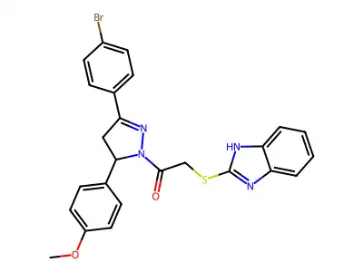 2-((1H-benzo[d]imidazol-2-yl)thio)-1-(3-(4-bromophenyl)-5-(4-methoxyphenyl)-4,5-dihydro-1H-pyrazol-1-yl)ethanone structure