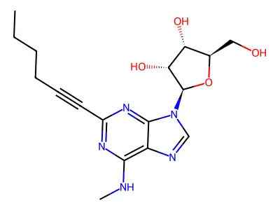 2-[2-Hex-1-ynyl-6-(methylamino)-9-purinyl]-5-(hydroxymethyl)oxolane-3,4-diol structure