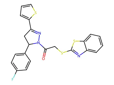 2-(benzo[d]thiazol-2-ylthio)-1-(5-(4-fluorophenyl)-3-(thiophen-2-yl)-4,5-dihydro-1H-pyrazol-1-yl)ethanone structure