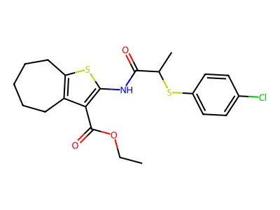 ethyl 2-(2-((4-chlorophenyl)thio)propanamido)-5,6,7,8-tetrahydro-4H-cyclohepta[b]thiophene-3-carboxylate structure
