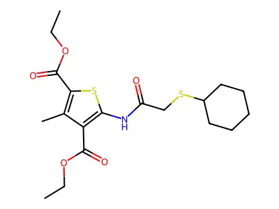 Diethyl 5-(2-(cyclohexylthio)acetamido)-3-methylthiophene-2,4-dicarboxylate structure