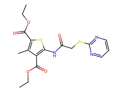 Diethyl 3-methyl-5-(2-(pyrimidin-2-ylthio)acetamido)thiophene-2,4-dicarboxylate structure
