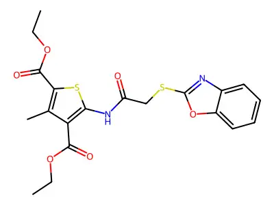 diethyl 5-(2-(benzo[d]oxazol-2-ylthio)acetamido)-3-methylthiophene-2,4-dicarboxylate structure