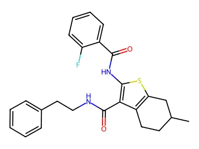 2-{[(2-fluorophenyl)carbonyl]amino}-6-methyl-N-(2-phenylethyl)-4,5,6,7-tetrahydro-1-benzothiophene-3-carboxamide structure