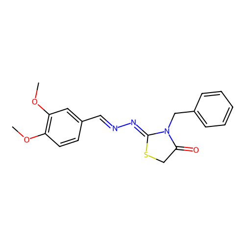 (Z)-3-benzyl-2-((E)-(3,4-dimethoxybenzylidene)hydrazono)thiazolidin-4-one structure