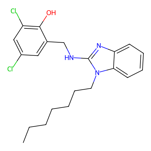 2,4-dichloro-6-(((1-heptyl-1H-benzo[d]imidazol-2-yl)amino)methyl)phenol structure