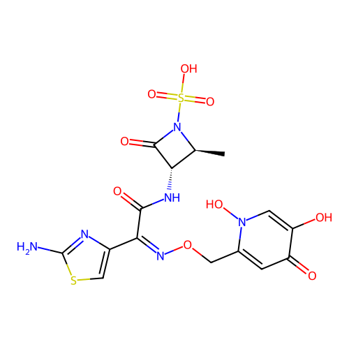 (2S,3S)-3-(((2Z)-2-(2-Amino-4-thiazolyl)-2-(((1,4-dihydro-1,5-dihydroxy-4-oxo-2-pyridinyl)methoxy)imino)acetyl)amino)-2-methyl-4-oxo-1-azetidinesulfonic acid structure