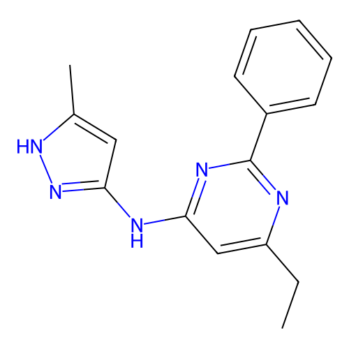 6-ethyl-N-(5-methyl-1H-pyrazol-3-yl)-2-phenylpyrimidin-4-amine structure