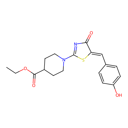 ethyl 1-[(5Z)-5-(4-hydroxybenzylidene)-4-oxo-4,5-dihydro-1,3-thiazol-2-yl]piperidine-4-carboxylate structure