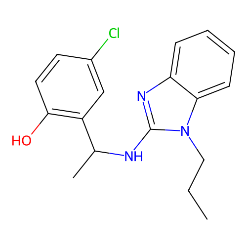 4-chloro-2-{1-[(1-propyl-1H-benzimidazol-2-yl)amino]ethyl}phenol structure