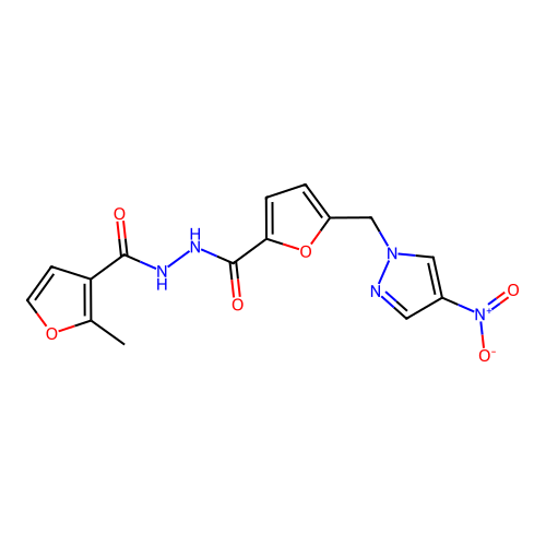 N'-[(2-methylfuran-3-yl)carbonyl]-5-[(4-nitro-1H-pyrazol-1-yl)methyl]furan-2-carbohydrazide structure