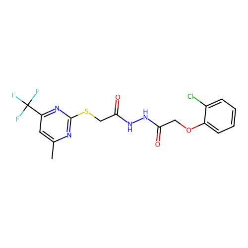 2-(2-chlorophenoxy)-N'-({[4-methyl-6-(trifluoromethyl)-2-pyrimidinyl]sulfanyl}acetyl)acetohydrazide structure
