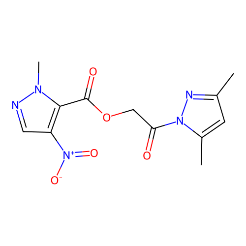 2-(3,5-dimethyl-1H-pyrazol-1-yl)-2-oxoethyl 1-methyl-4-nitro-1H-pyrazole-5-carboxylate structure