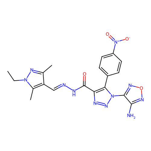 (E)-1-(4-amino-1,2,5-oxadiazol-3-yl)-N'-((1-ethyl-3,5-dimethyl-1H-pyrazol-4-yl)methylene)-5-(4-nitrophenyl)-1H-1,2,3-triazole-4-carbohydrazide structure