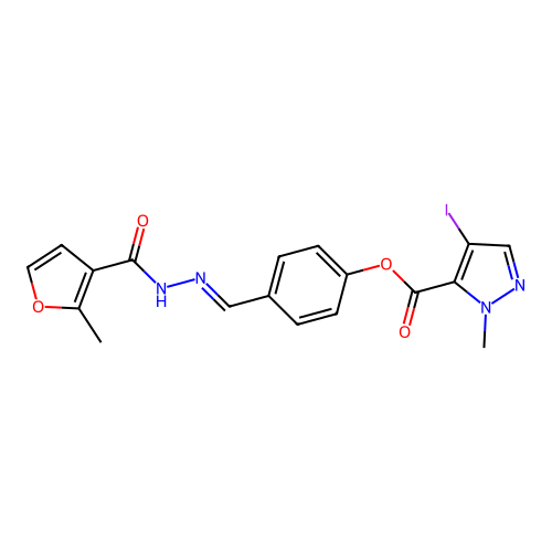 4-[(E)-{2-[(2-methylfuran-3-yl)carbonyl]hydrazinylidene}methyl]phenyl 4-iodo-1-methyl-1H-pyrazole-5-carboxylate structure