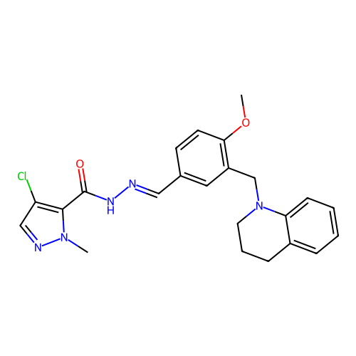 4-chloro-N-[(E)-[3-(3,4-dihydro-2H-quinolin-1-ylmethyl)-4-methoxyphenyl]methylideneamino]-2-methylpyrazole-3-carboxamide structure