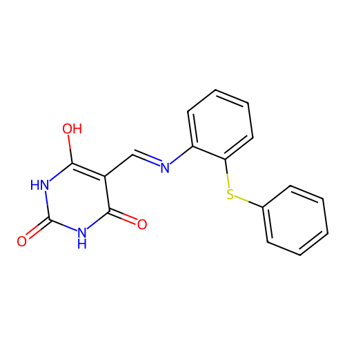 5-({[2-(phenylsulfanyl)phenyl]amino}methylidene)pyrimidine-2,4,6(1H,3H,5H)-trione structure