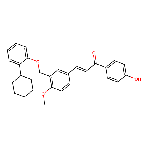 (2E)-3-{3-[(2-cyclohexylphenoxy)methyl]-4-methoxyphenyl}-1-(4-hydroxyphenyl)pr op-2-en-1-one structure