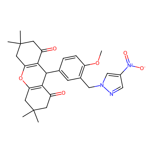 9-(4-methoxy-3-((4-nitro-1H-pyrazol-1-yl)methyl)phenyl)-3,3,6,6-tetramethyl-3,4,5,6,7,9-hexahydro-1H-xanthene-1,8(2H)-dione structure