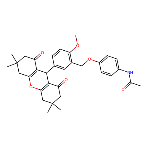N-(4-((2-methoxy-5-(3,3,6,6-tetramethyl-1,8-dioxo-2,3,4,5,6,7,8,9-octahydro-1H-xanthen-9-yl)benzyl)oxy)phenyl)acetamide structure