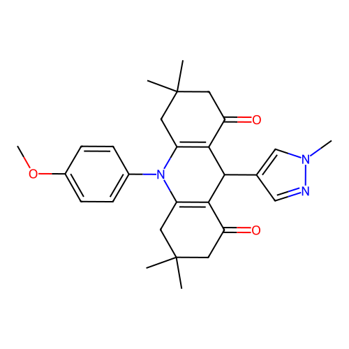 10-(4-methoxyphenyl)-3,3,6,6-tetramethyl-9-(1-methyl-1H-pyrazol-4-yl)-3,4,6,7,9,10-hexahydro-1,8(2H,5H)-acridinedione structure