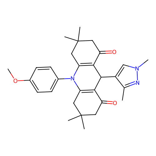 9-(1,3-Dimethyl-1H-pyrazol-4-yl)-10-(4-methoxy-phenyl)-3,3,6,6-tetramethyl-3,4,6,7,9,10-hexahydro-2H,5H-acridine-1,8-dione structure