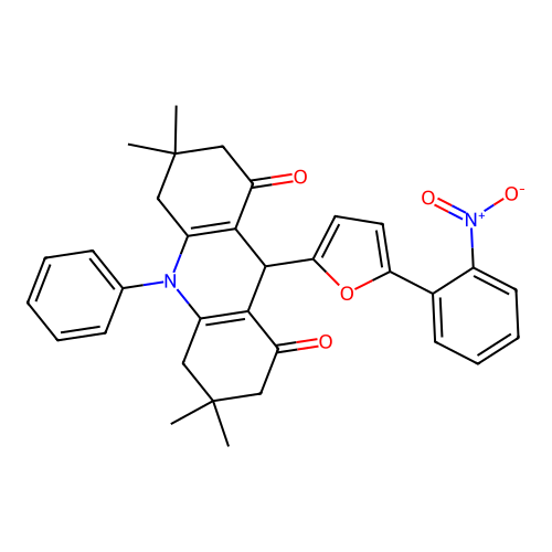 3,3,6,6-tetramethyl-9-(5-(2-nitrophenyl)furan-2-yl)-10-phenyl-3,4,6,7,9,10-hexahydroacridine-1,8(2H,5H)-dione structure