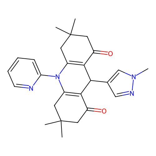 3,3,6,6-tetramethyl-9-(1-methyl-1H-pyrazol-4-yl)-10-(pyridin-2-yl)-3,4,6,7,9,10-hexahydroacridine-1,8(2H,5H)-dione structure