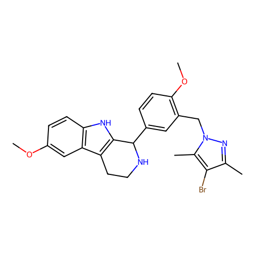 1-(3-((4-bromo-3,5-dimethyl-1H-pyrazol-1-yl)methyl)-4-methoxyphenyl)-6-methoxy-2,3,4,9-tetrahydro-1H-pyrido[3,4-b]indole structure