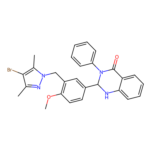 2-{3-[(4-bromo-3,5-dimethyl-1H-pyrazol-1-yl)methyl]-4-methoxyphenyl}-3-phenyl-2,3-dihydroquinazolin-4(1H)-one structure