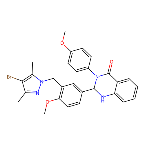 2-{3-[(4-bromo-3,5-dimethyl-1H-pyrazol-1-yl)methyl]-4-methoxyphenyl}-3-(4-methoxyphenyl)-2,3-dihydroquinazolin-4(1H)-one structure