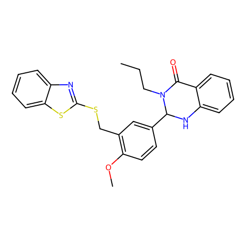 2-{3-[(1,3-benzothiazol-2-ylsulfanyl)methyl]-4-methoxyphenyl}-3-propyl-2,3-dihydroquinazolin-4(1H)-one structure