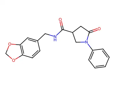 N-(1,3-benzodioxol-5-ylmethyl)-5-oxo-1-phenylpyrrolidine-3-carboxamide structure