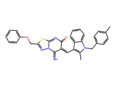 5,6-Dihydro-5-imino-6-[[2-methyl-1-[(4-methylphenyl)methyl]-1H-indol-3-yl]methylene]-2-(phenoxymethyl)-7H-1,3,4-thiadiazolo[3,2-a]pyrimidin-7-one structure