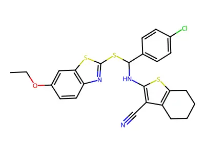 2-[[(4-chlorophenyl)-[(6-ethoxy-1,3-benzothiazol-2-yl)sulfanyl]methyl]amino]-4,5,6,7-tetrahydro-1-benzothiophene-3-carbonitrile structure