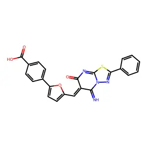 4-{5-[(Z)-(5-imino-7-oxo-2-phenyl-5H-[1,3,4]thiadiazolo[3,2-a]pyrimidin-6(7H)-ylidene)methyl]furan-2-yl}benzoic acid structure