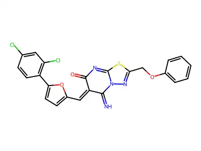 (6Z)-6-[[5-(2,4-dichlorophenyl)furan-2-yl]methylidene]-5-imino-2-(phenoxymethyl)-[1,3,4]thiadiazolo[3,2-a]pyrimidin-7-one structure