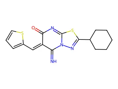 (6Z)-2-cyclohexyl-5-imino-6-(thiophen-2-ylmethylidene)-[1,3,4]thiadiazolo[3,2-a]pyrimidin-7-one structure