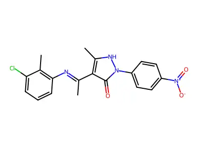 (4E)-4-[1-(3-chloro-2-methylanilino)ethylidene]-5-methyl-2-(4-nitrophenyl)pyrazol-3-one structure