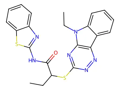 N-(1,3-benzothiazol-2-yl)-2-[(5-ethyl-[1,2,4]triazino[5,6-b]indol-3-yl)sulfanyl]butanamide structure