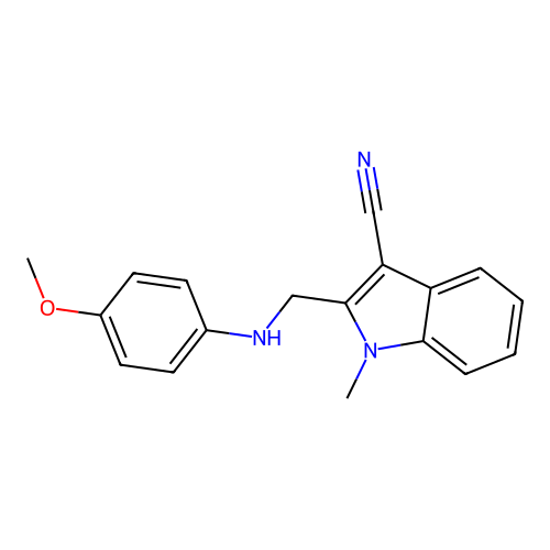 2-(((4-methoxyphenyl)amino)methyl)-1-methyl-1H-indole-3-carbonitrile structure