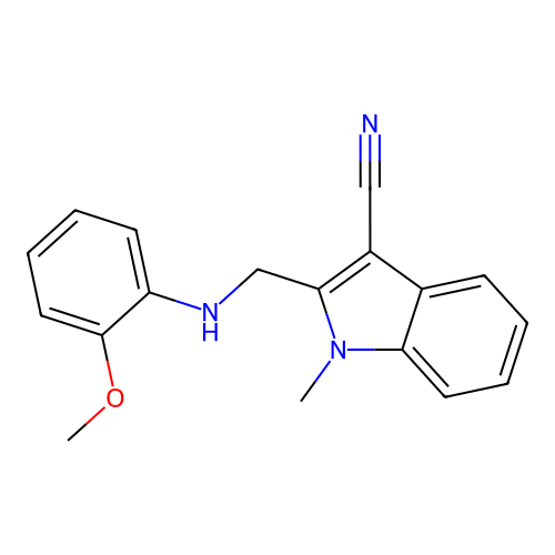 2-(((2-methoxyphenyl)amino)methyl)-1-methyl-1H-indole-3-carbonitrile structure
