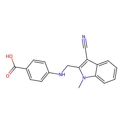 4-{[(3-cyano-1-methyl-1H-indol-2-yl)methyl]amino}benzoic acid structure