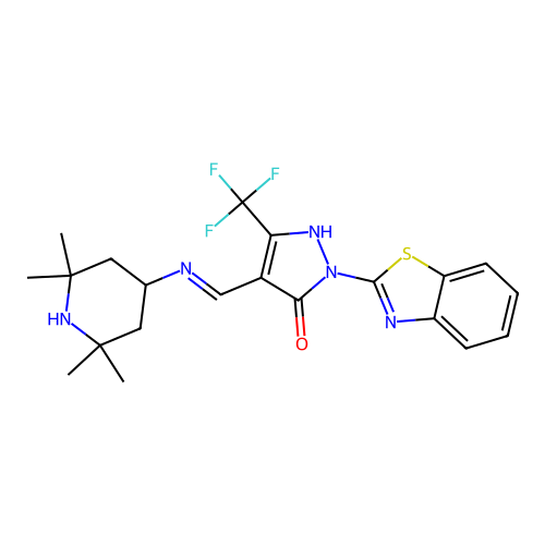 (4E)-2-(1,3-benzothiazol-2-yl)-4-[[(2,2,6,6-tetramethylpiperidin-4-yl)amino]methylidene]-5-(trifluoromethyl)pyrazol-3-one structure