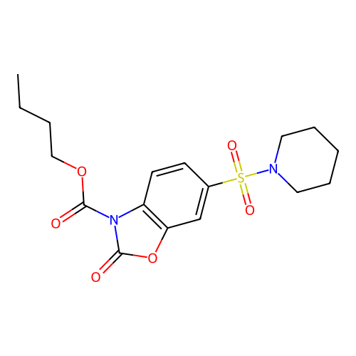 Butyl 2-oxo-6-piperidin-1-ylsulfonyl-1,3-benzoxazole-3-carboxylate structure
