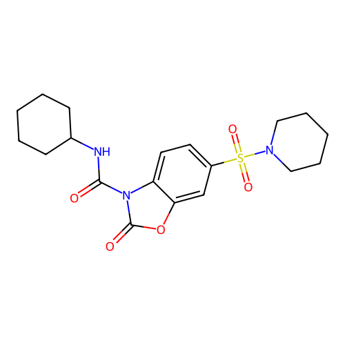 N-cyclohexyl-2-oxo-6-(piperidin-1-ylsulfonyl)benzo[d]oxazole-3(2H)-carboxamide structure