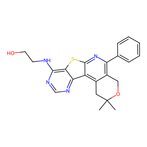 2-((2,2-dimethyl-5-phenyl-2,4-dihydro-1H-pyrano[4'',3'':4',5']pyrido[3',2':4,5]thieno[3,2-d]pyrimidin-8-yl)amino)ethanol structure