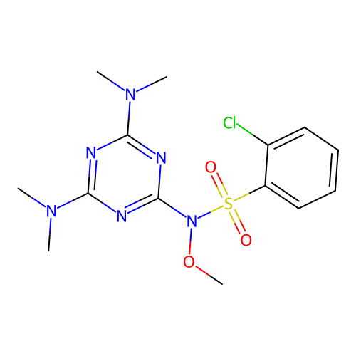N-[4,6-bis(dimethylamino)-1,3,5-triazin-2-yl]-2-chloro-N-methoxybenzenesulfonamide structure