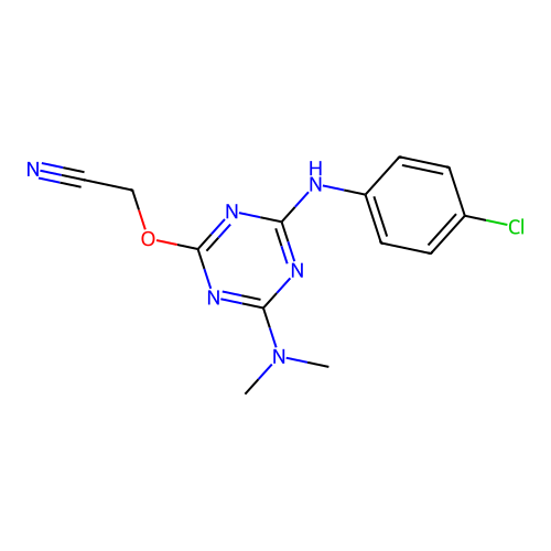 ({4-[(4-chlorophenyl)amino]-6-(dimethylamino)-1,3,5-triazin-2-yl}oxy)acetonitrile structure